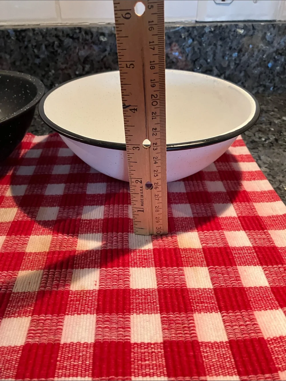 Enamelware Bowls 2 White, 2 Black, 7 1/2” Across x 3”, each 1 1/2 Pints